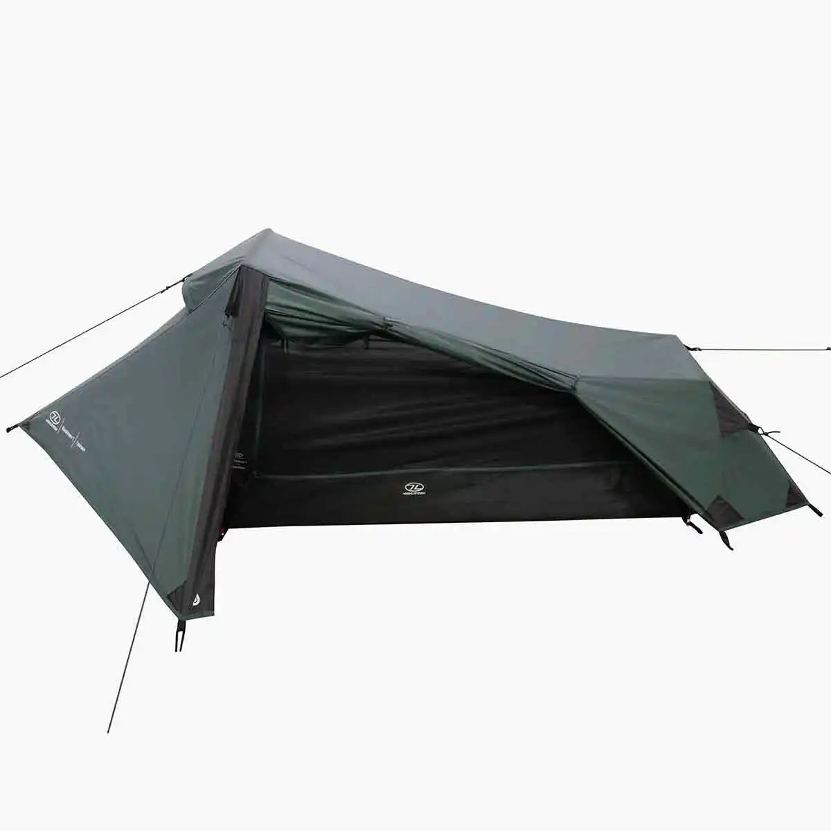 Highlander Blackthorn 1 Person Tent Gen 2 with open vestibule showing inner mesh layer, perfect for ventilation and solo outdoor adventures. Green from  John Bull Clothing 