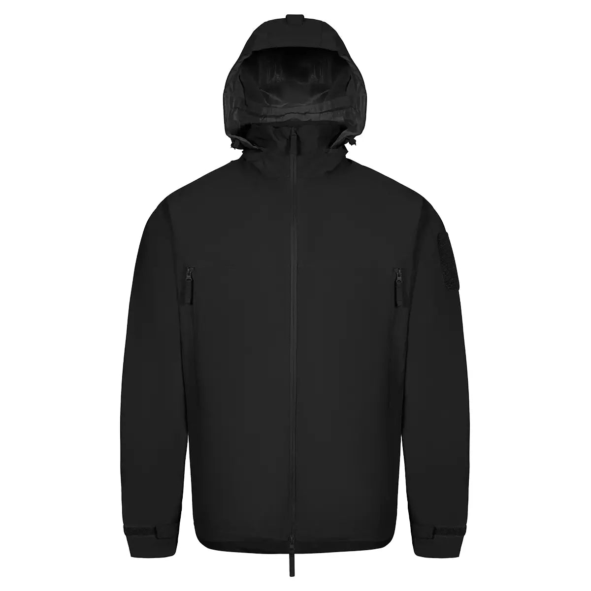 Highlander Cyclone Pro Waterproof Jacket in black, featuring a minimalist design with chest zips and adjustable hood.