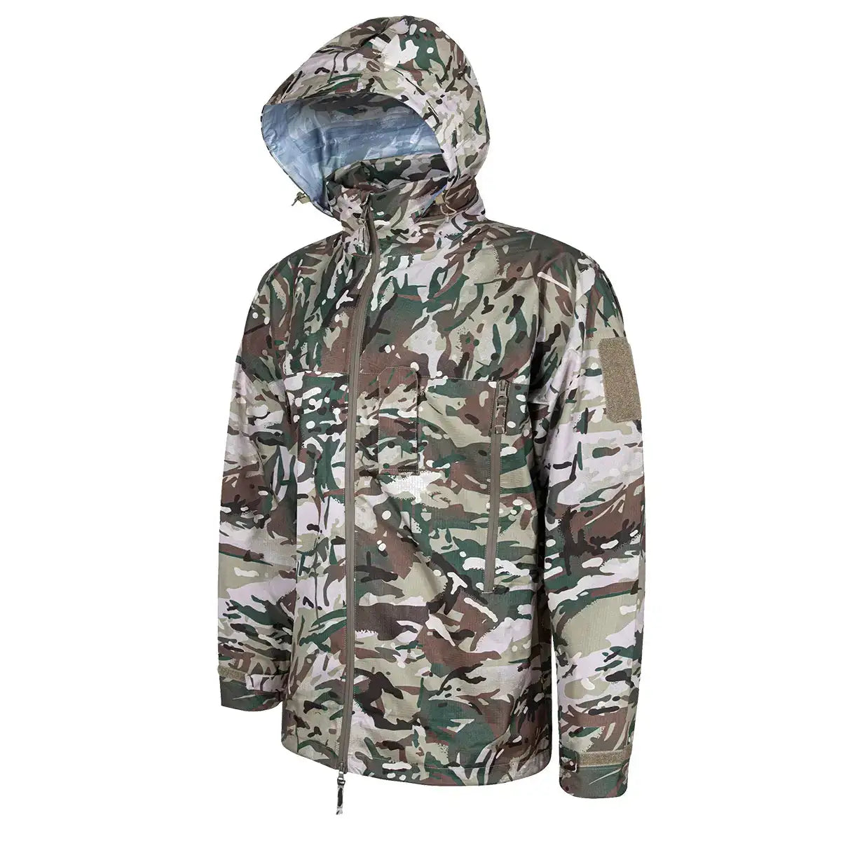 Angled view of Highlander Cyclone Pro Waterproof Jacket in camo, highlighting its tactical design and breathable ripstop fabric.  from  John Bull Clothing 