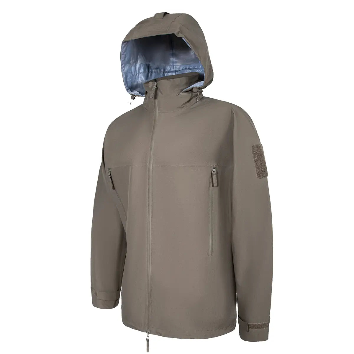 Side view of Highlander Cyclone Pro Waterproof Jacket in khaki, showing zippered pockets and reinforced seams for durability.