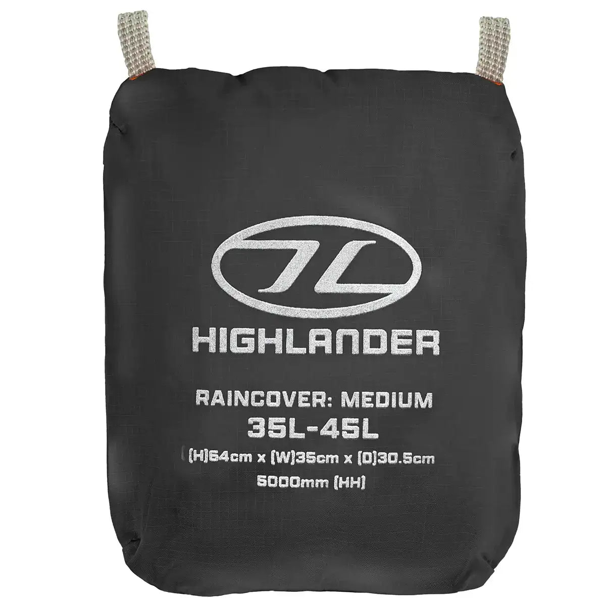 Black storage pouch for Highlander Duck's Back Raincover Medium labeled for 35-45L backpacks, ideal for travel and hiking gear. Black from  John Bull Clothing 