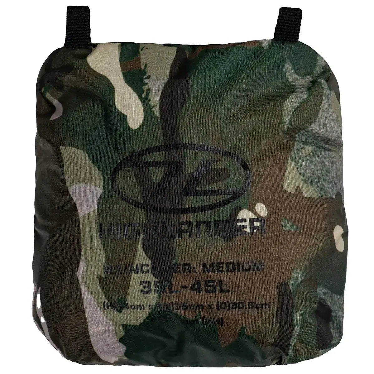 Camouflage pouch of Highlander Duck's Back Raincover Medium with product specs, perfect for outdoor and tactical backpack protection. HMTC from  John Bull Clothing 