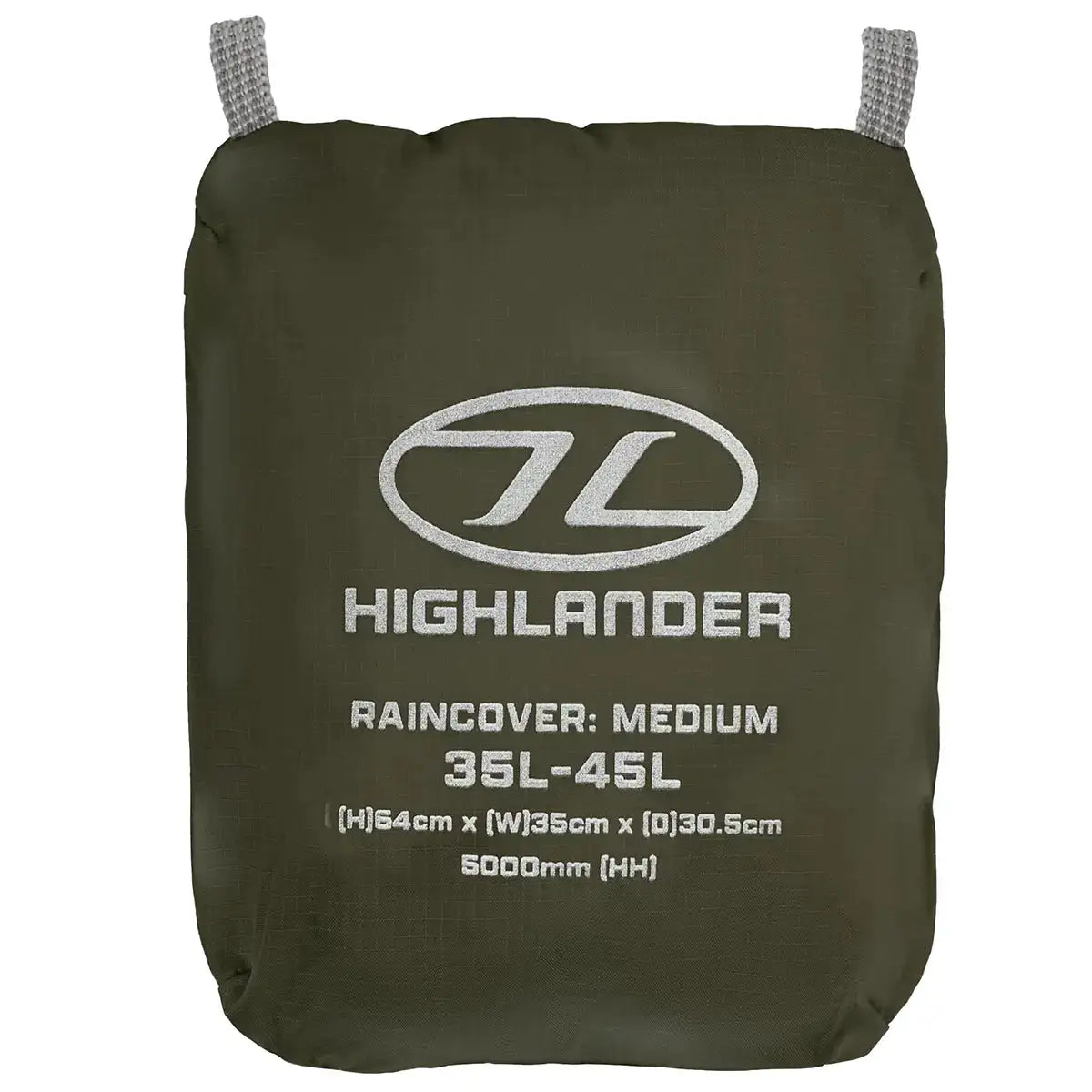 Olive green pouch of Highlander Duck's Back Raincover Medium with printed size and waterproof rating, compact for easy storage. Green from  John Bull Clothing 