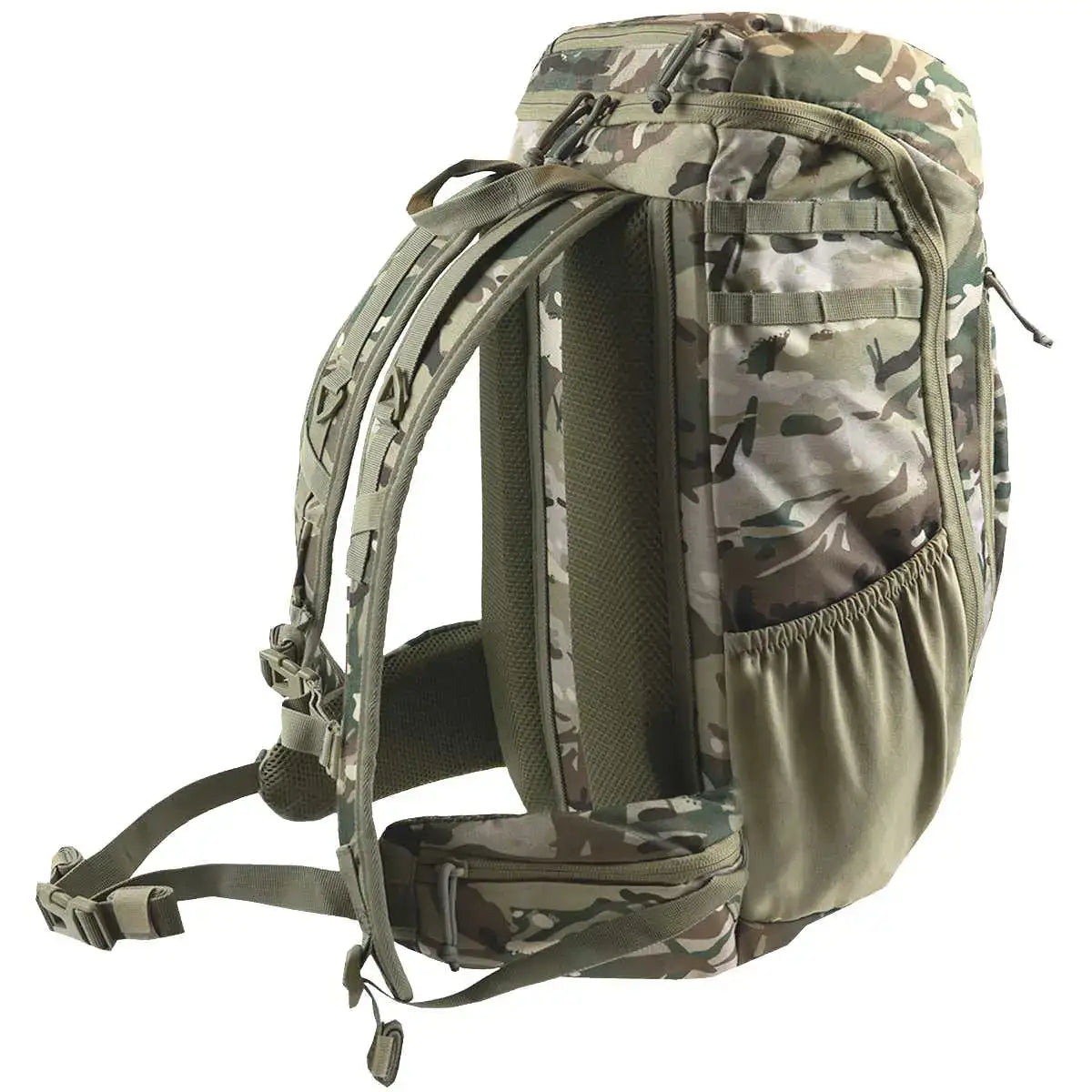 Camouflage Highlander Eagle 2 30L hiking backpack with padded shoulder straps, multiple compartments, and side elastic pocket for outdoor adventures