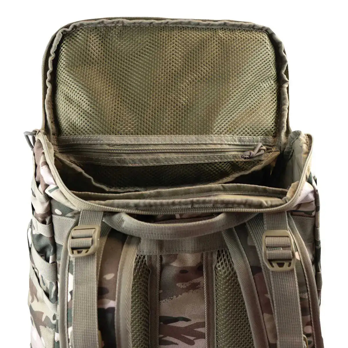 Open Highlander Eagle 3 40L Daysack in camouflage pattern with mesh interior compartments and zippered pocket, durable outdoor backpack