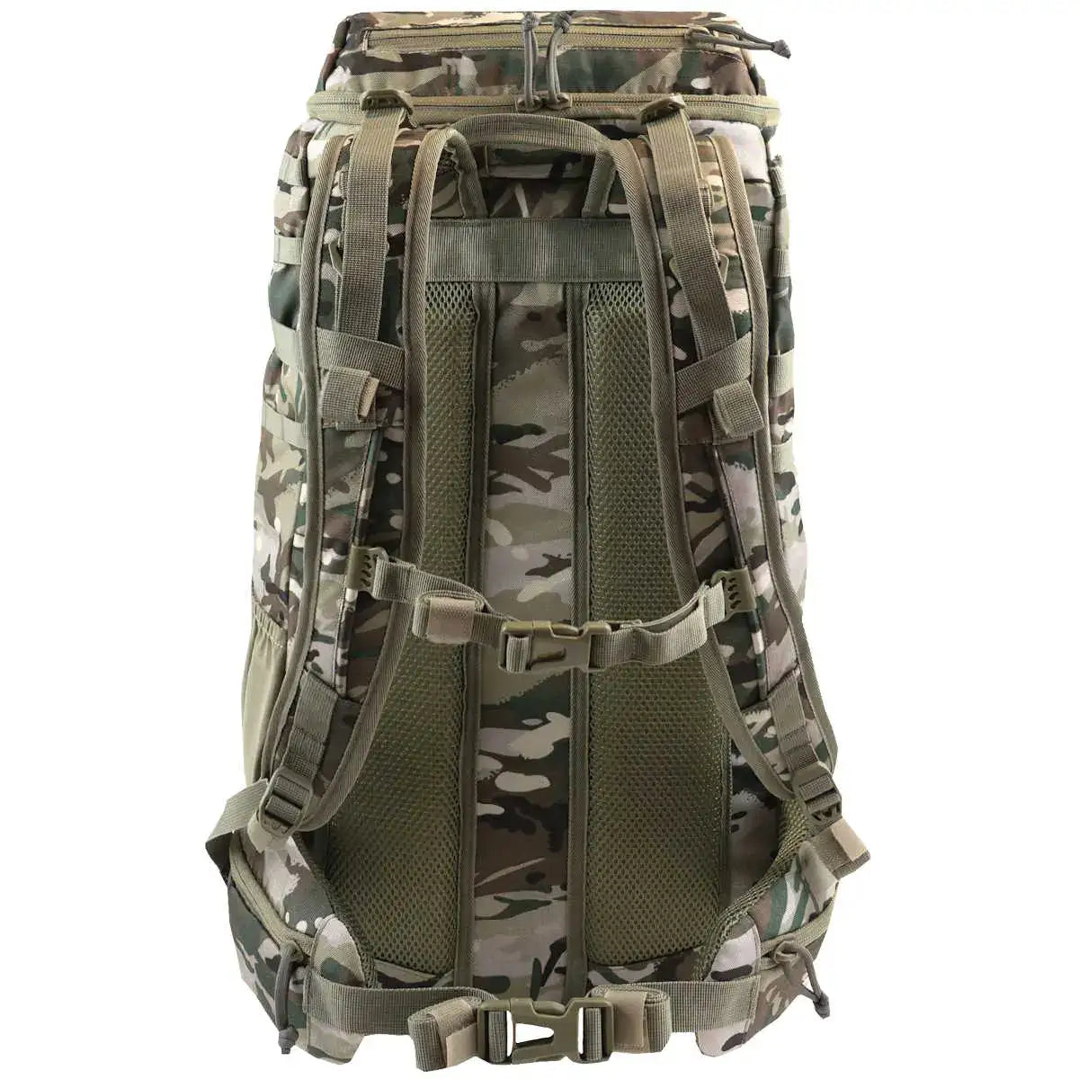 Back of Highlander Eagle 3 40L Daysack showing padded back panel and adjustable straps for comfortable outdoor carrying in camouflage design - SKU: JB0795
