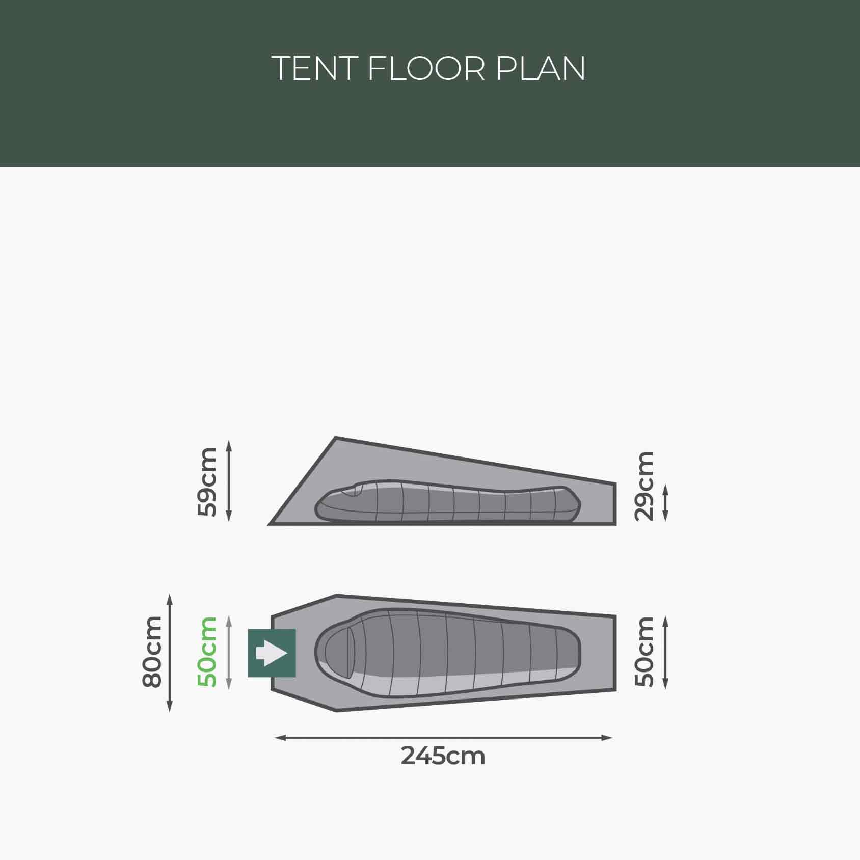 Tent floor plan of Highlander Falcon Bivvy Tent Pine Green with dimensions for 1-person layout and gear space.