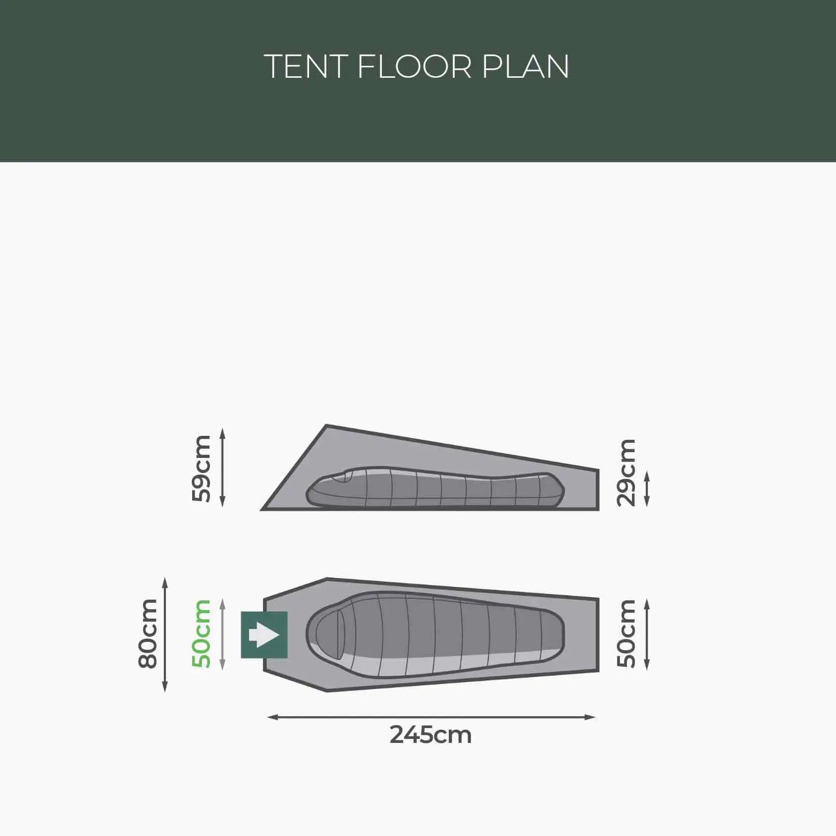 Tent floor plan of Highlander Falcon Bivvy Tent Pine Green with dimensions for 1-person layout and gear space.  from  John Bull Clothing 