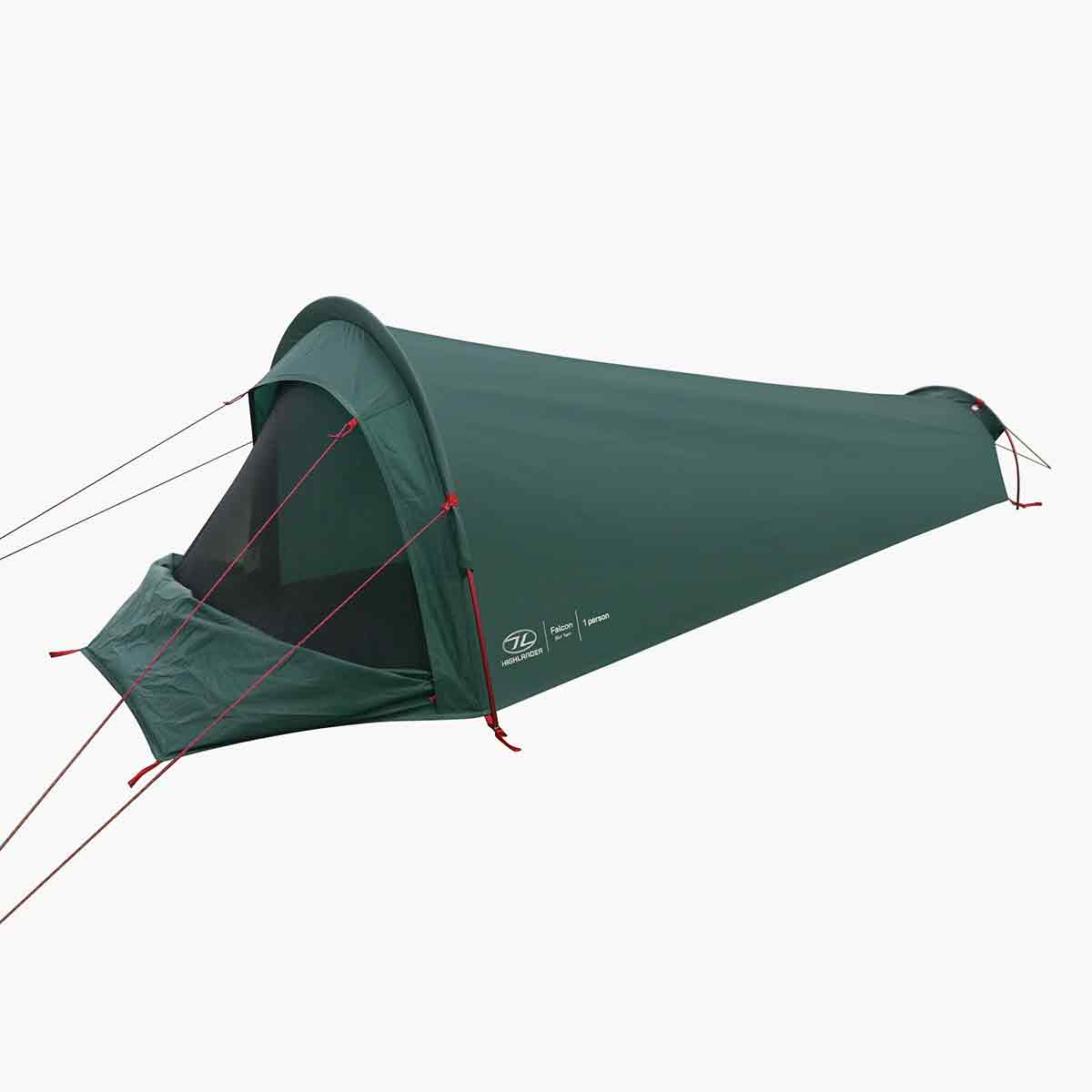 Highlander Falcon Bivvy Tent Pine Green with mesh entry and red guy lines, ideal for solo camping and hiking adventures.