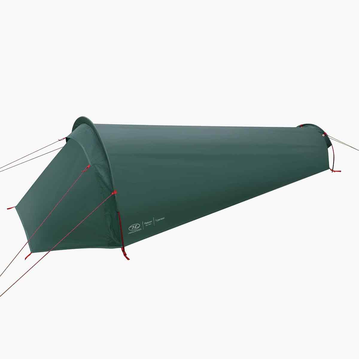 Side view of Highlander Falcon Bivvy Tent Pine Green showing aerodynamic tunnel design for compact outdoor shelter.