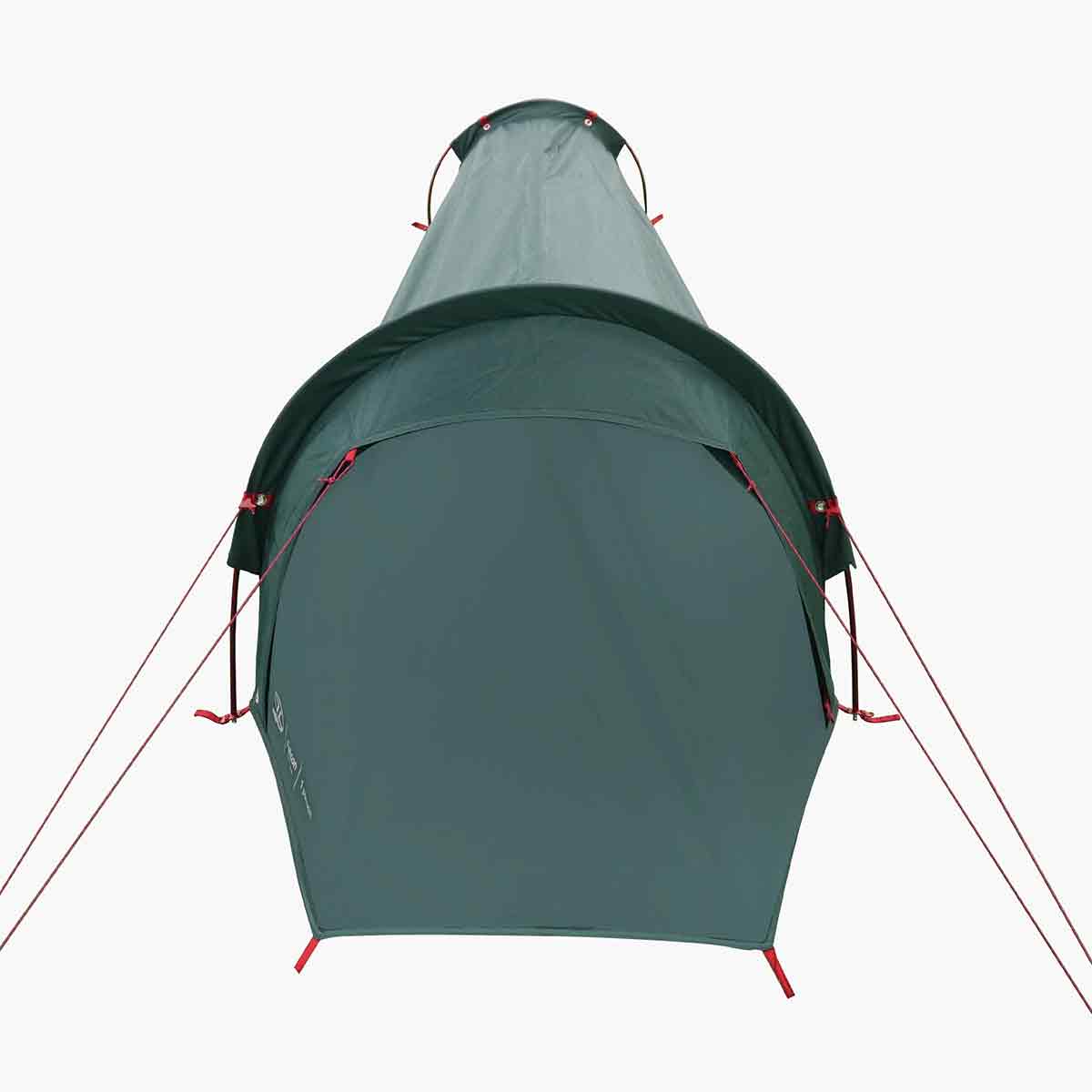 Front view of Highlander Falcon Bivvy Tent Pine Green highlighting weather-resistant entrance and reinforced seams.