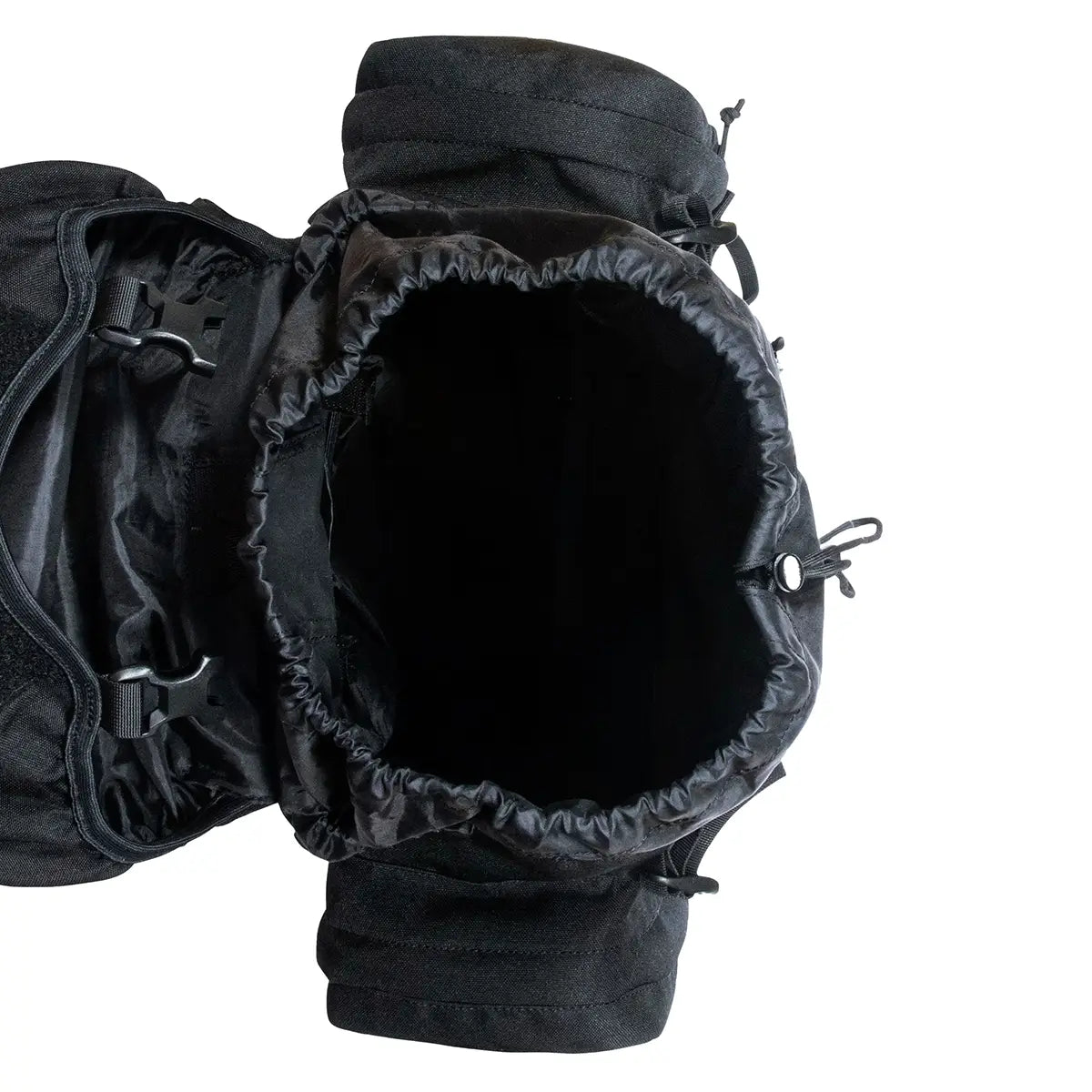 Top-down view of open Highlander Forces Elite 33 Litre Rucksack in black showing spacious main compartment with drawstring closure.