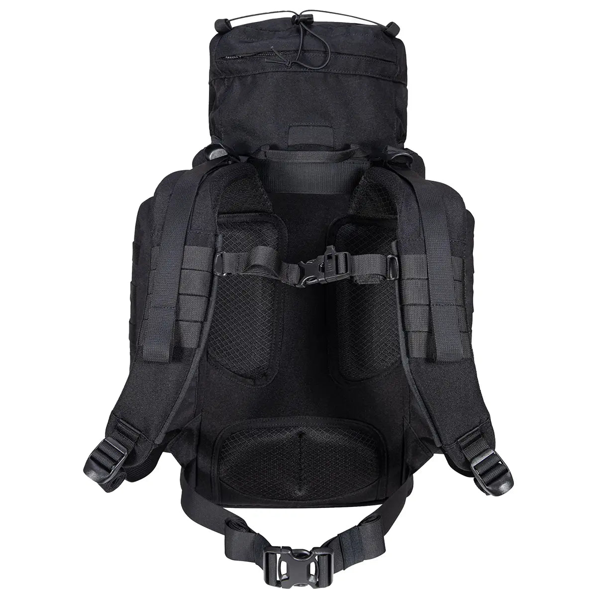 Rear view of Highlander Forces Elite 33 Litre Rucksack in black with ergonomic padded back panel and adjustable chest and waist straps.