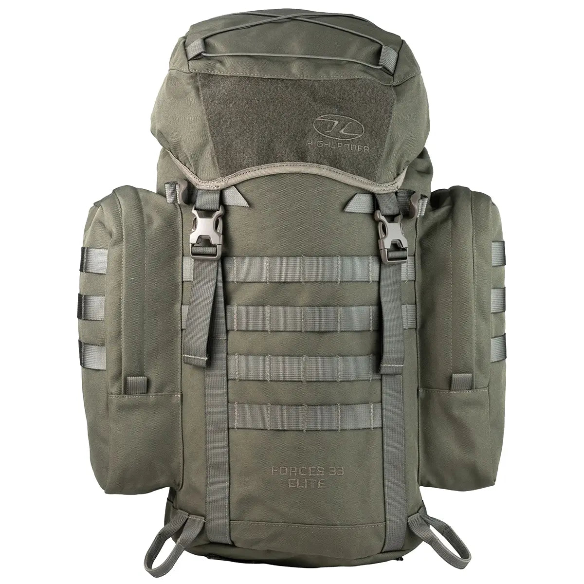 Olive green Highlander Forces Elite 33 Litre Rucksack with rugged design and 900D XTP fabric, perfect for military and survival gear storage.