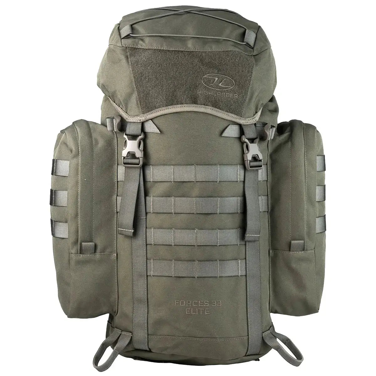 Olive green Highlander Forces Elite 33 Litre Rucksack with rugged design and 900D XTP fabric, perfect for military and survival gear storage. Ranger Green from  John Bull Clothing 