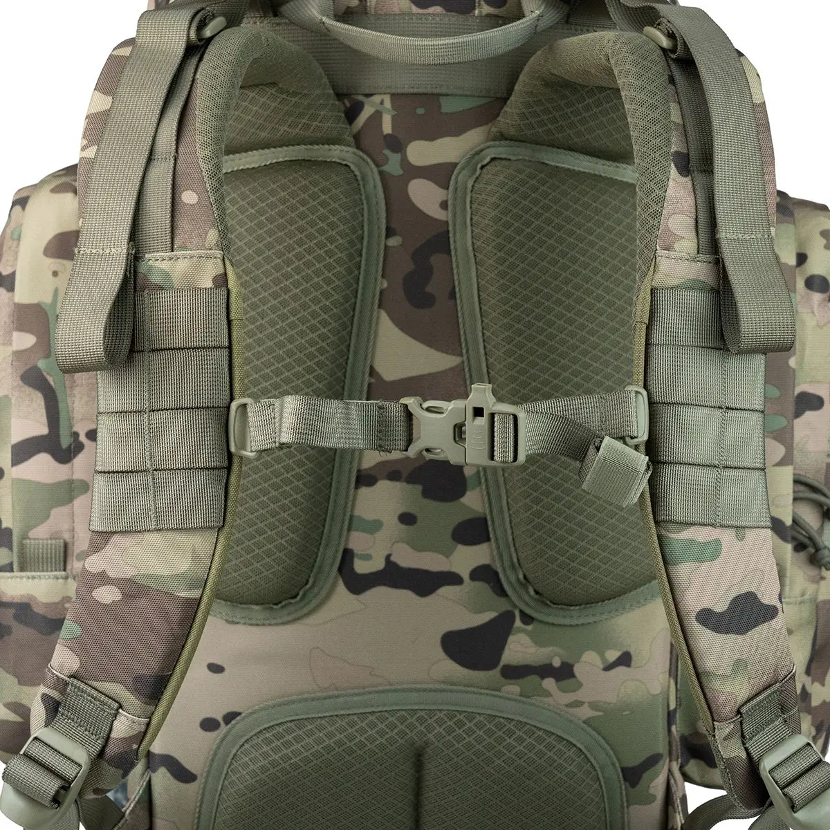 Back strap detail of camo Highlander Forces Elite 44 Litre Backpack showing adjustable sternum strap and breathable mesh padding.