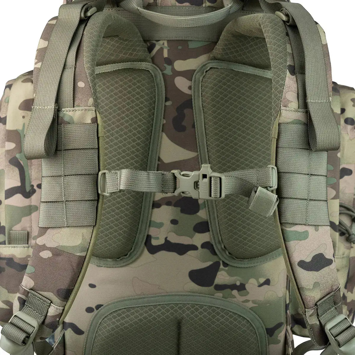 Back strap detail of camo Highlander Forces Elite 44 Litre Backpack showing adjustable sternum strap and breathable mesh padding.  from  John Bull Clothing 