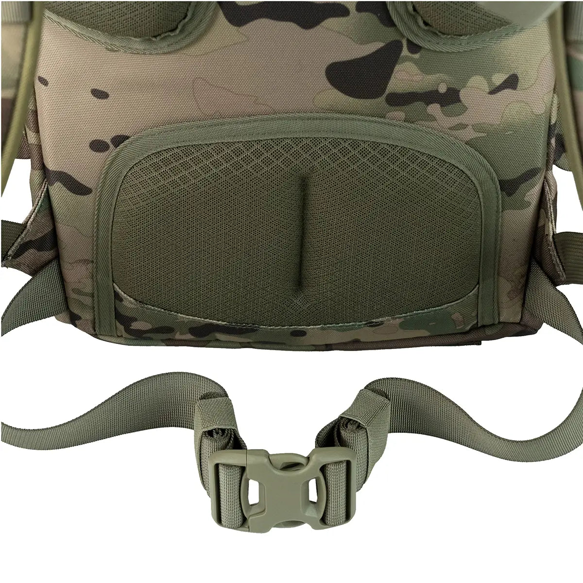 Close-up of padded waist belt and lumbar support on camo Highlander Forces Elite 44 Litre Backpack, designed for ergonomic load carrying.