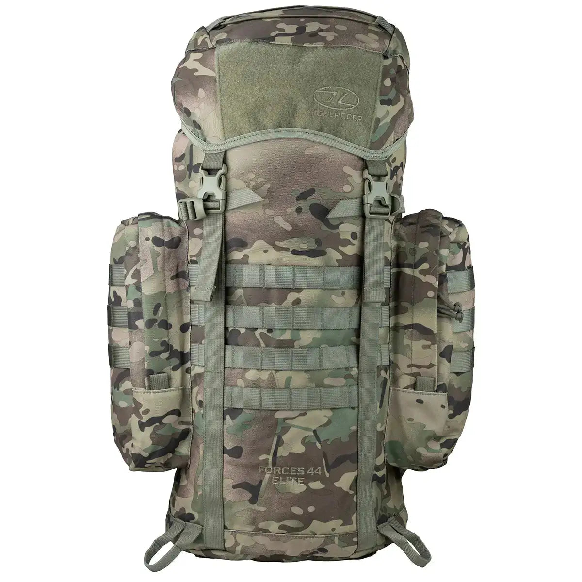 Highlander Forces Elite 44 Litre Backpack in camo with MOLLE webbing, ideal for tactical and outdoor use. Available at John Bulls. HMTC from  John Bull Clothing 