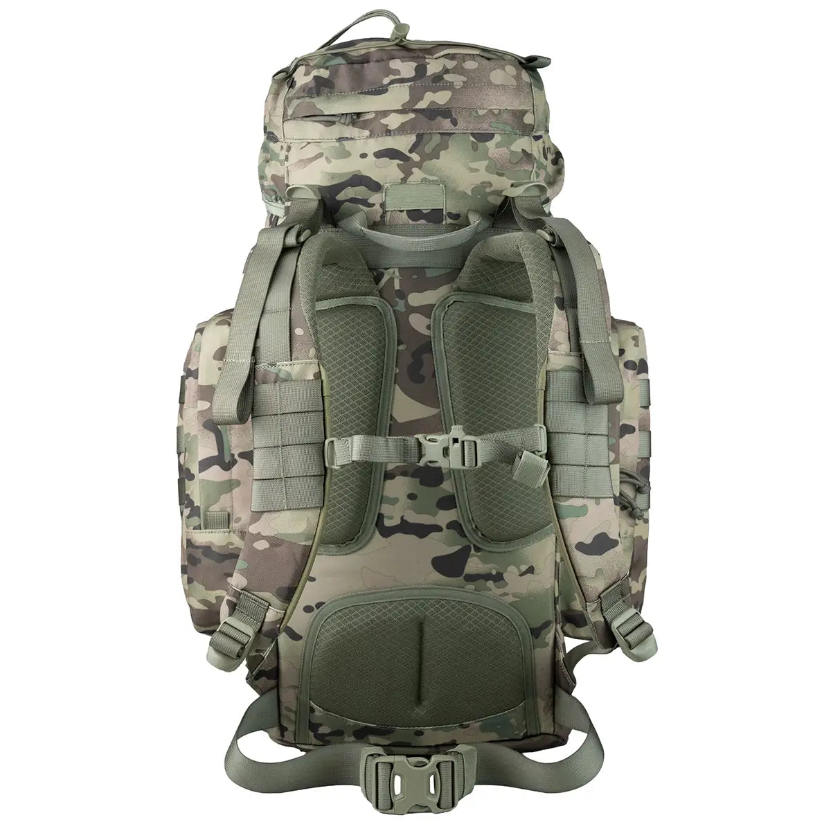 Rear view of camo Highlander Forces Elite 44 Litre Backpack with padded straps and waist belt for enhanced comfort during long treks.