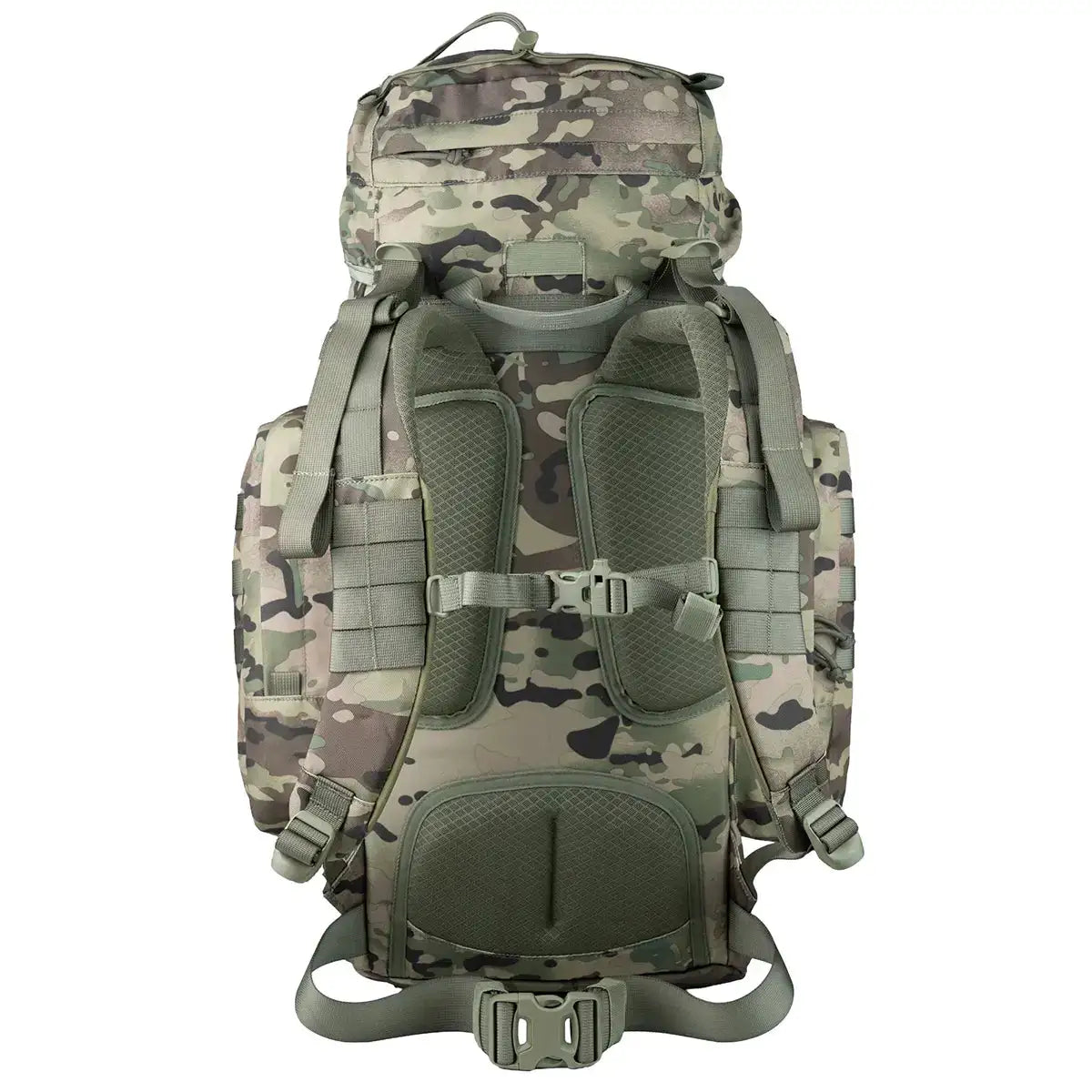 Rear view of camo Highlander Forces Elite 44 Litre Backpack with padded straps and waist belt for enhanced comfort during long treks.  from  John Bull Clothing 