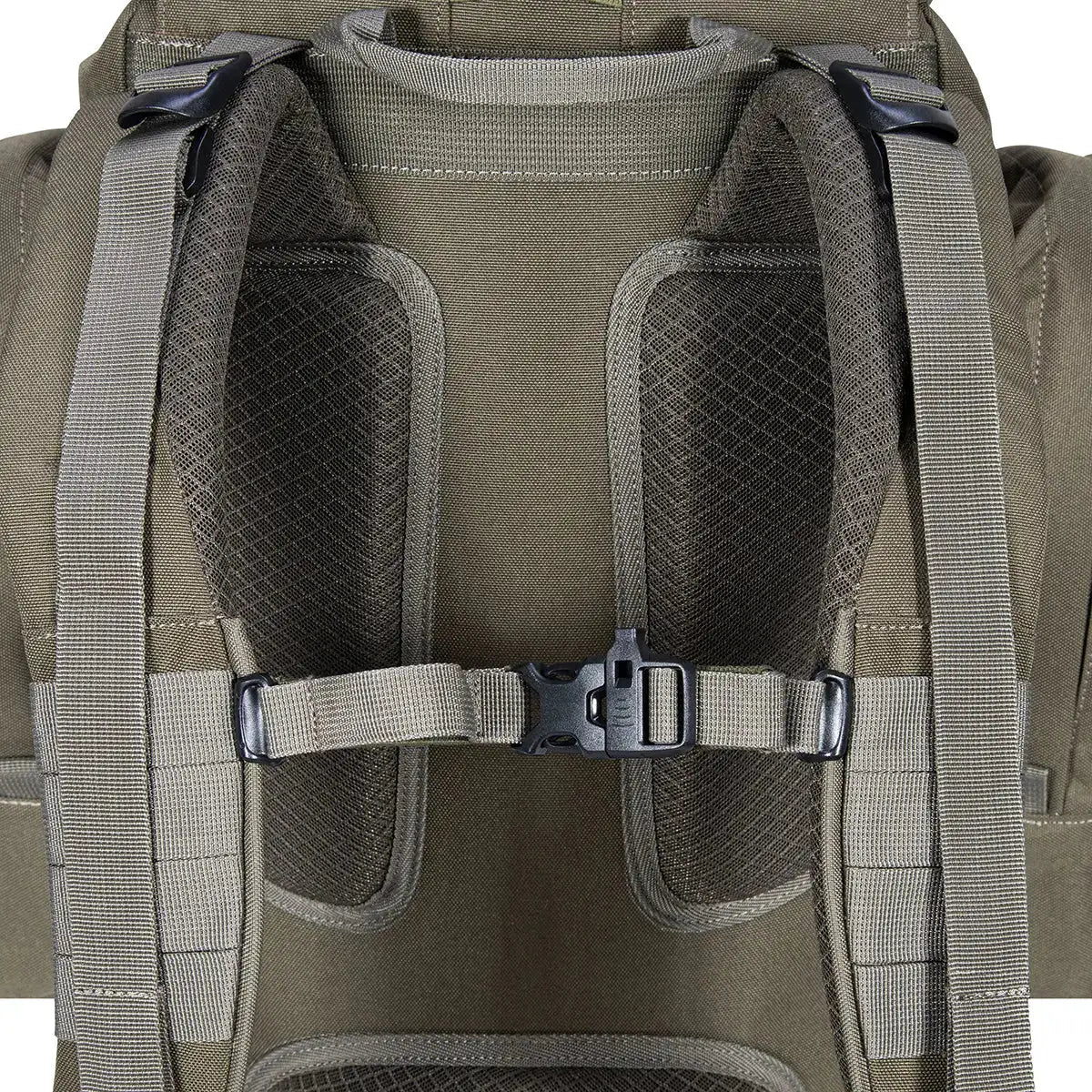 Close-up of padded shoulder straps and sternum strap on Highlander Forces Elite 44 Litre Backpack, designed for comfort and load stability.  from  John Bull Clothing 
