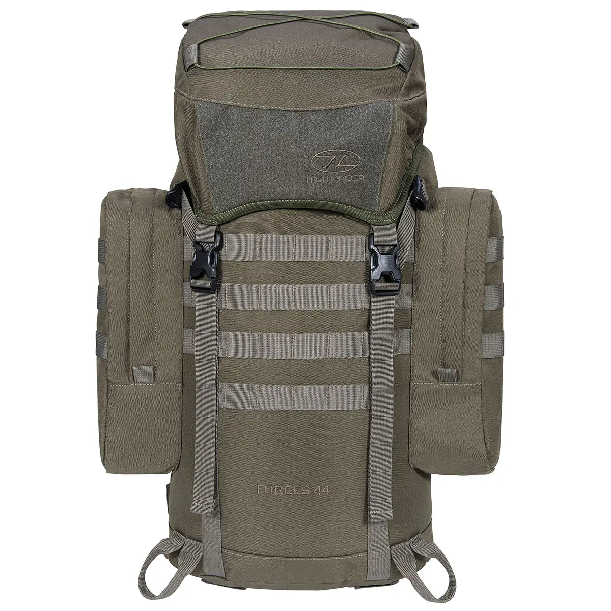 Olive green Highlander Forces Elite 44 Litre Backpack with dual side pouches and rugged buckles, perfect for military and hiking gear.