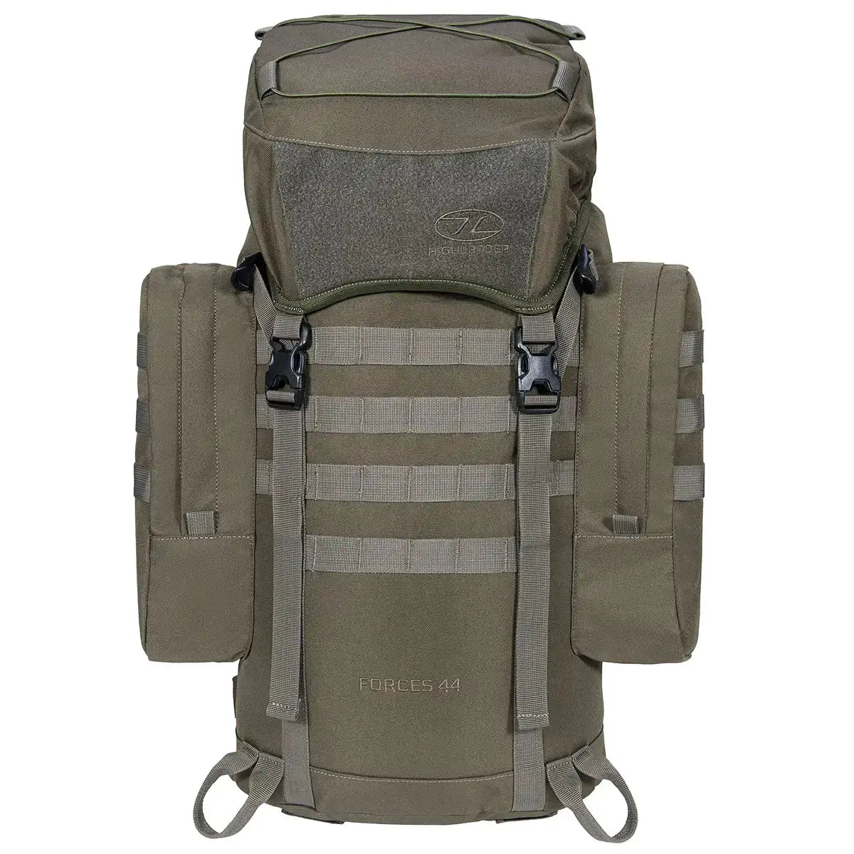 Olive green Highlander Forces Elite 44 Litre Backpack with dual side pouches and rugged buckles, perfect for military and hiking gear. Ranger Green from  John Bull Clothing 