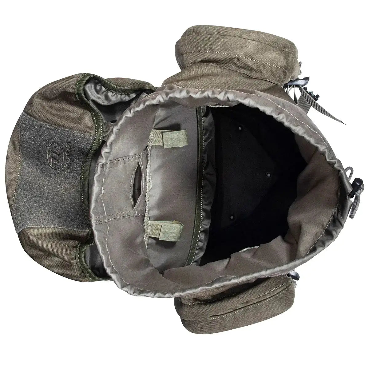 Top-down view of Highlander Forces Elite 44 Litre Backpack showing spacious main compartment with drawstring closure and internal straps.  from  John Bull Clothing 