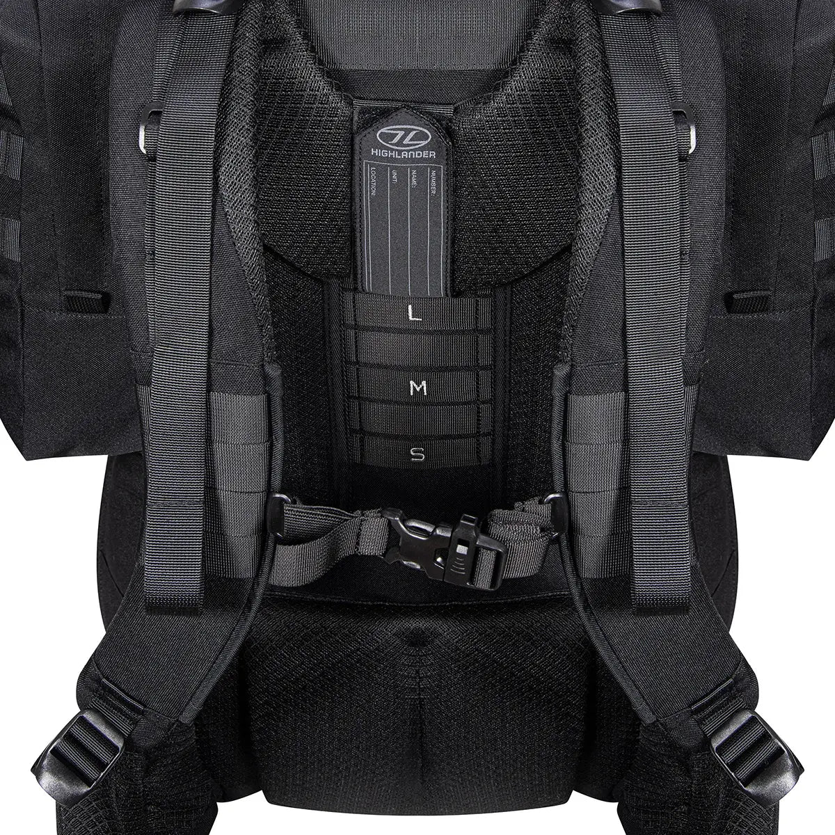 Close-up of Highlander Forces Elite 66 Litre Rucksack adjustable back system with size markers for personalized fit and comfort.