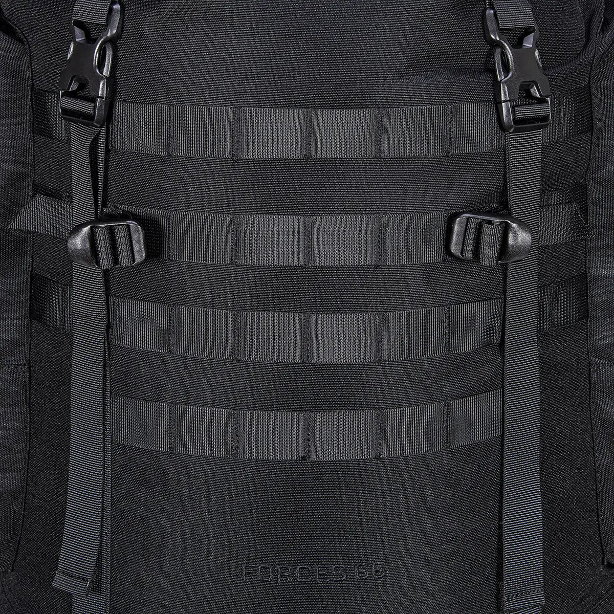 Detail of MOLLE webbing and buckle straps on Highlander Forces Elite 66 Litre Rucksack for attaching extra gear and accessories.