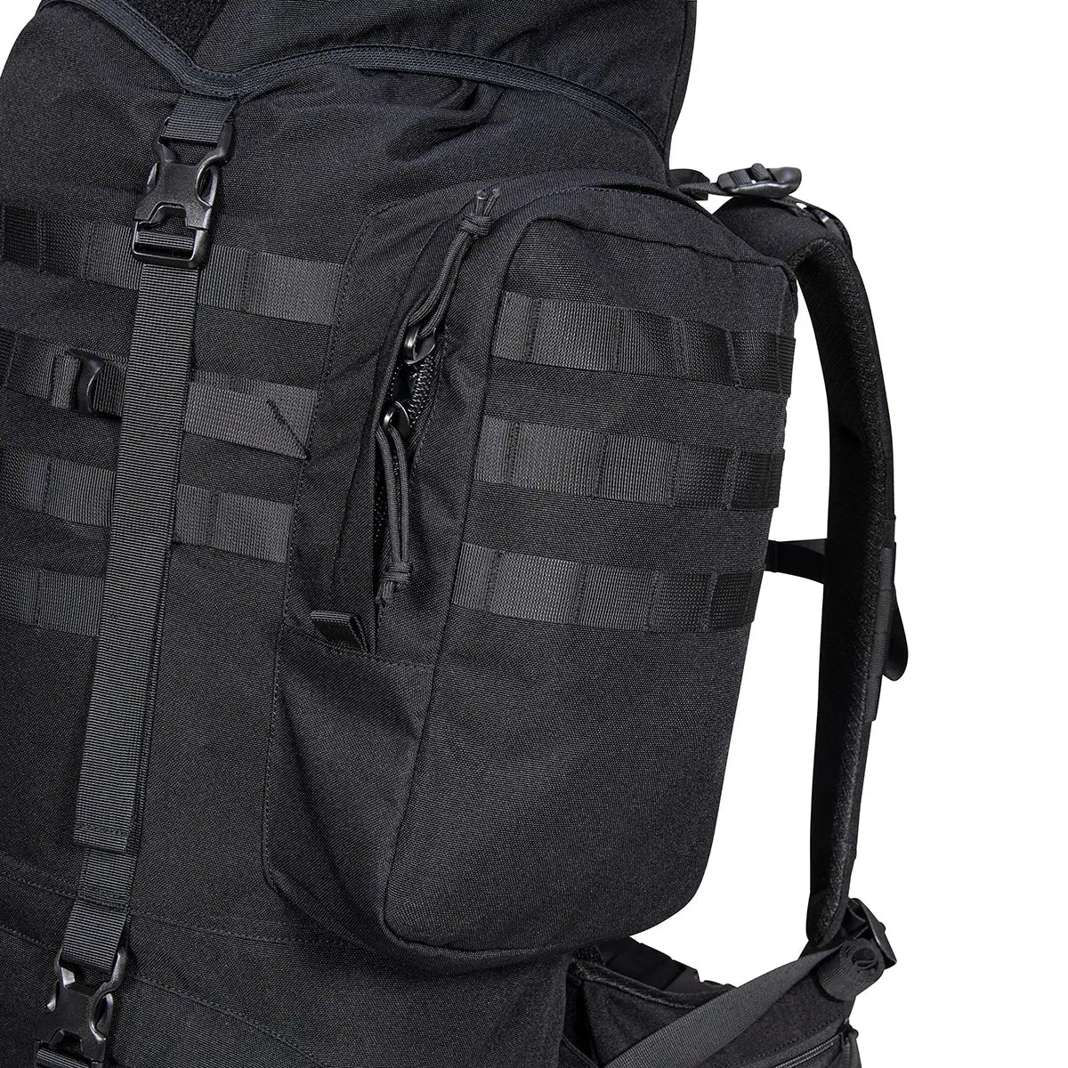 Close-up of side pouch on Highlander Forces Elite 66 Litre Rucksack with MOLLE webbing and zipper for secure gear access.