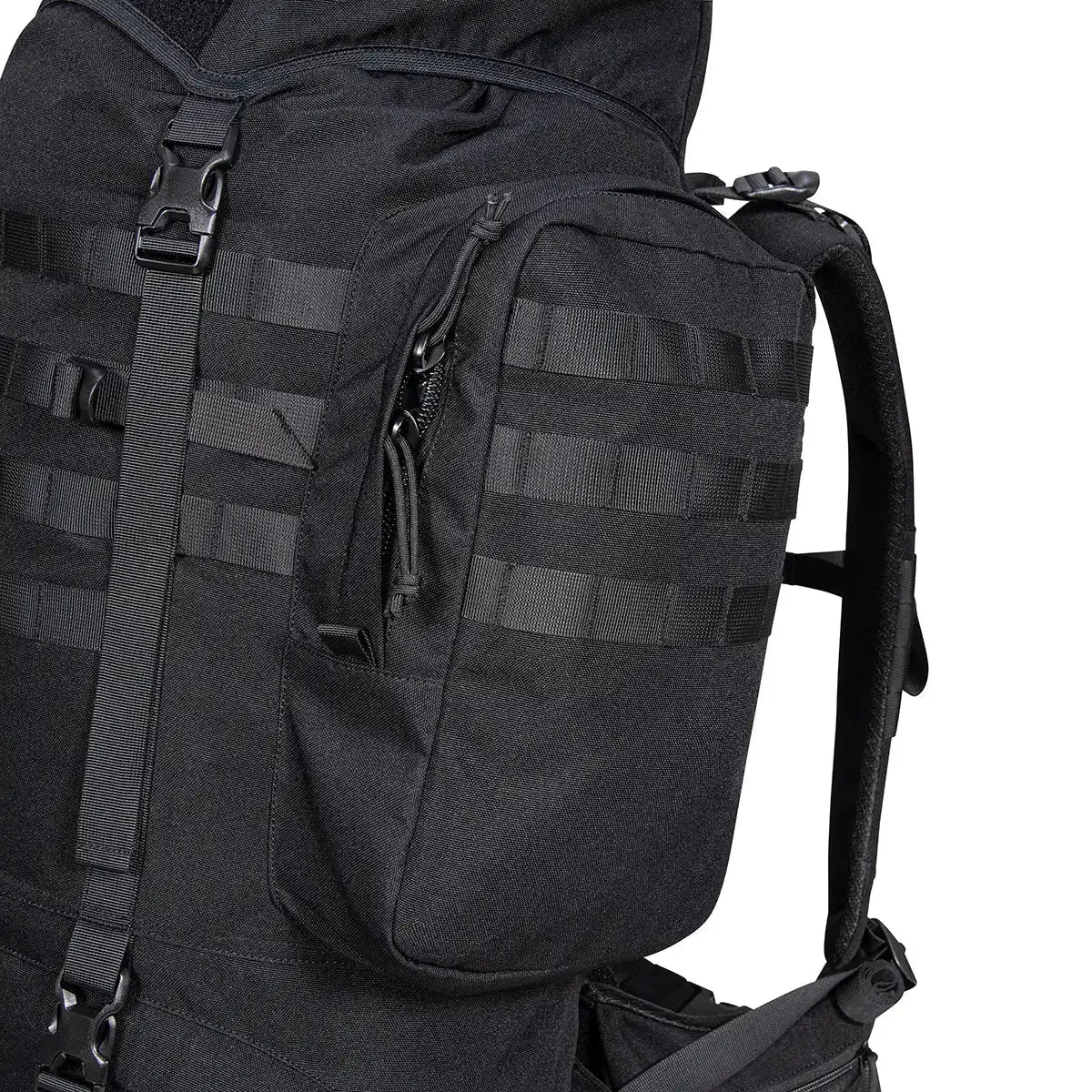 Close-up of side pouch on Highlander Forces Elite 66 Litre Rucksack with MOLLE webbing and zipper for secure gear access.  from  John Bull Clothing 