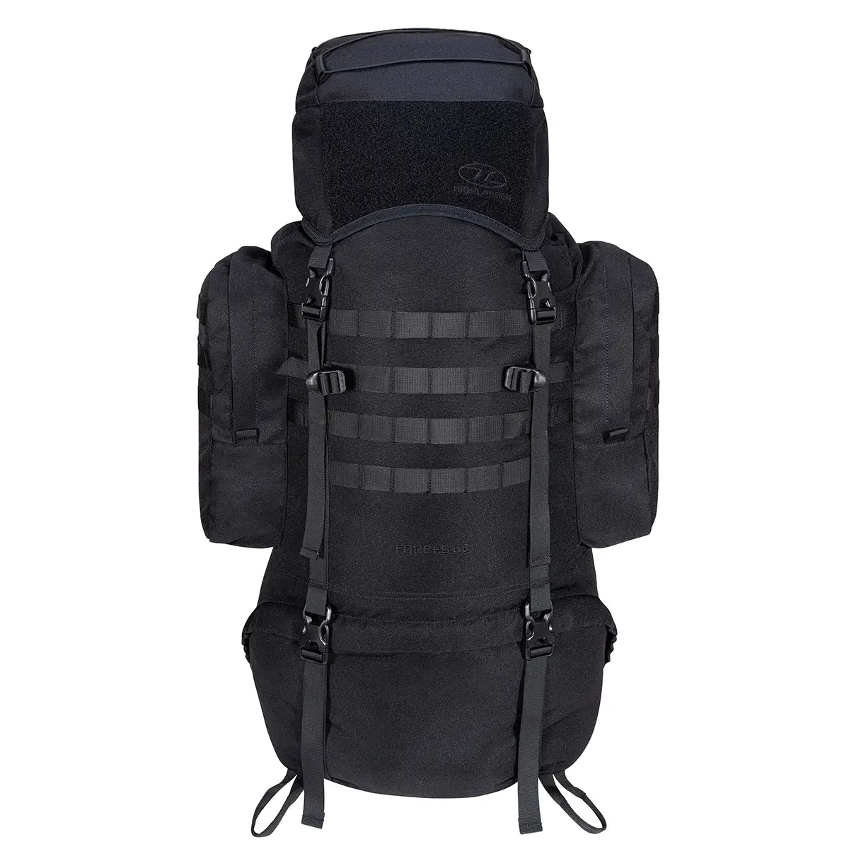 Black Highlander Forces Elite 66 Litre Rucksack featuring heavy-duty straps, MOLLE webbing, and side compartments for tactical missions.
