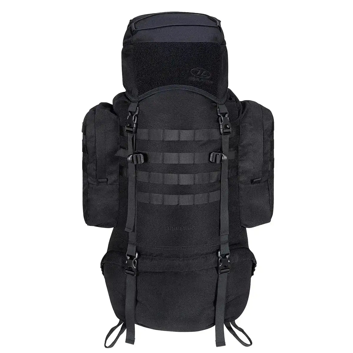 Black Highlander Forces Elite 66 Litre Rucksack featuring heavy-duty straps, MOLLE webbing, and side compartments for tactical missions. Black from  John Bull Clothing  Black from  John Bull Clothing 