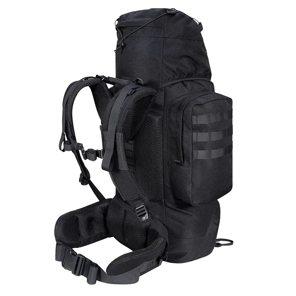 Side profile of black Highlander Forces Elite 66 Litre Rucksack showing MOLLE-compatible side pouch and padded shoulder harness.