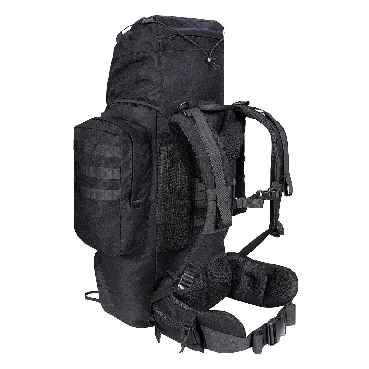 Opposite side view of Highlander Forces Elite 66 Litre Rucksack with reinforced stitching and tactical side pocket for modular attachments.