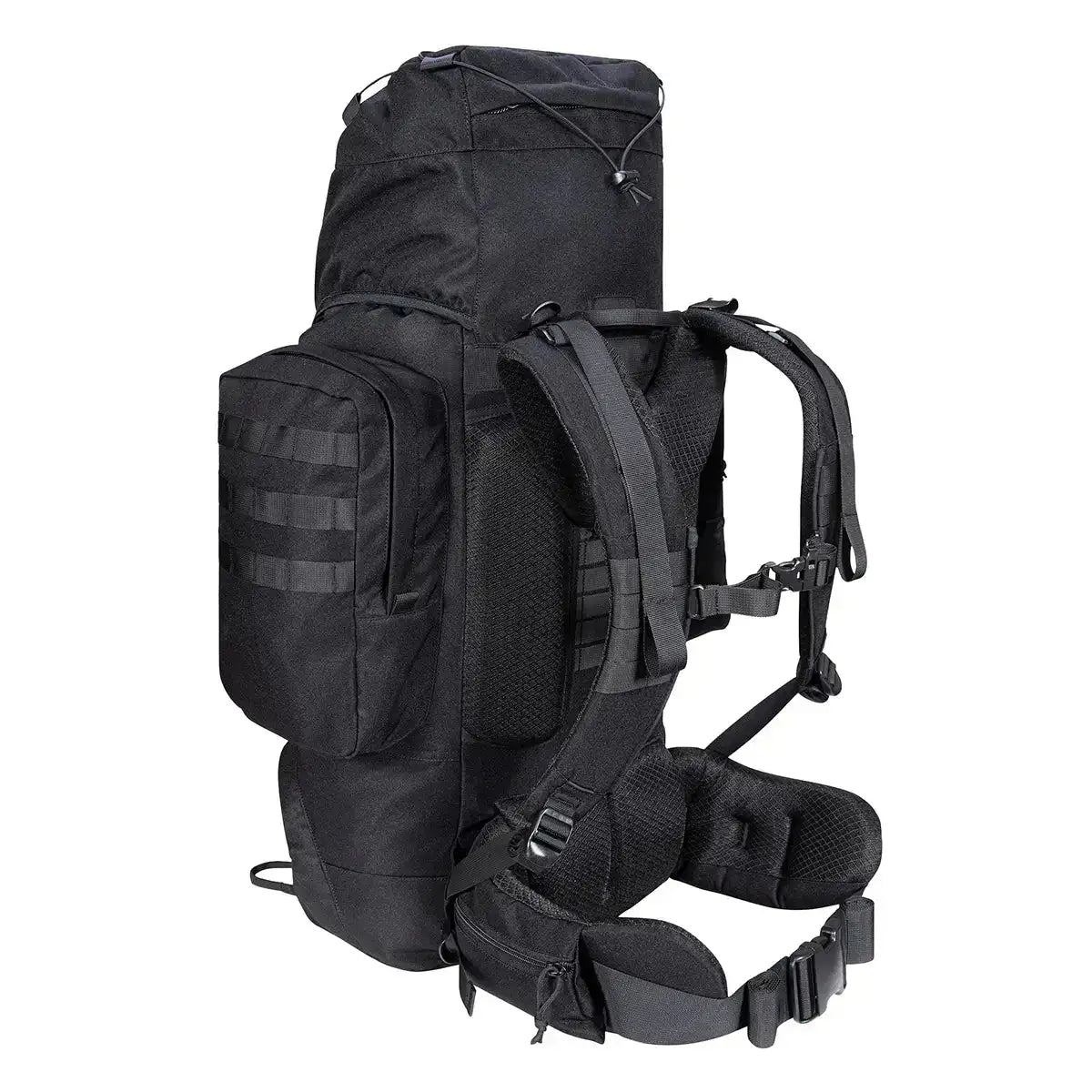Opposite side view of Highlander Forces Elite 66 Litre Rucksack with reinforced stitching and tactical side pocket for modular attachments.  from  John Bull Clothing   from  John Bull Clothing 