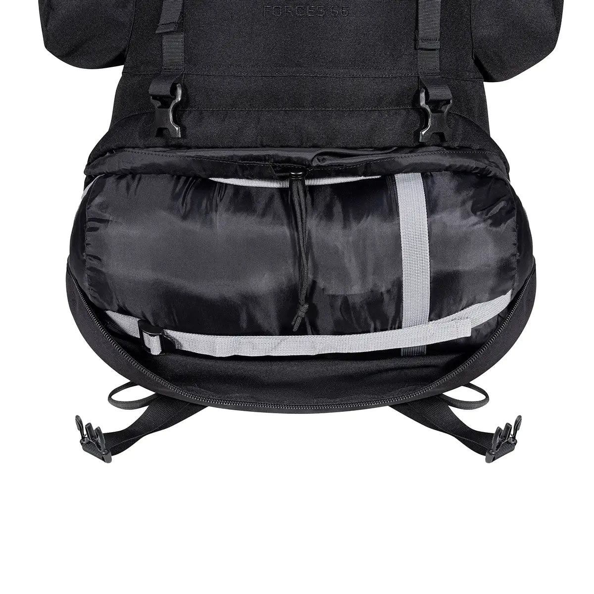 Interior compartment of Highlander Forces Elite 66 Litre Rucksack with compression straps for secure gear organization and storage.