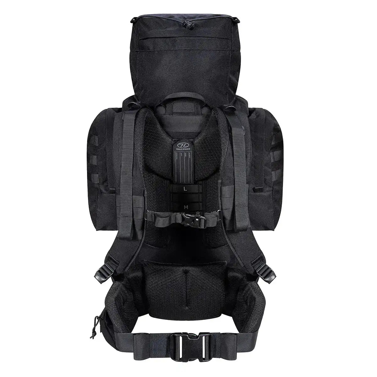 Rear view of Highlander Forces Elite 66 Litre Rucksack showing ergonomic back panel and adjustable shoulder straps for heavy load comfort.  from  John Bull Clothing   from  John Bull Clothing 