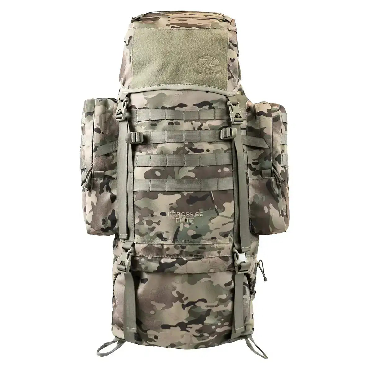 Camouflage Highlander Forces Elite 66 Litre Rucksack with top lid, MOLLE system, and rugged design for military and survival gear storage. HMTC from  John Bull Clothing  HMTC from  John Bull Clothing 