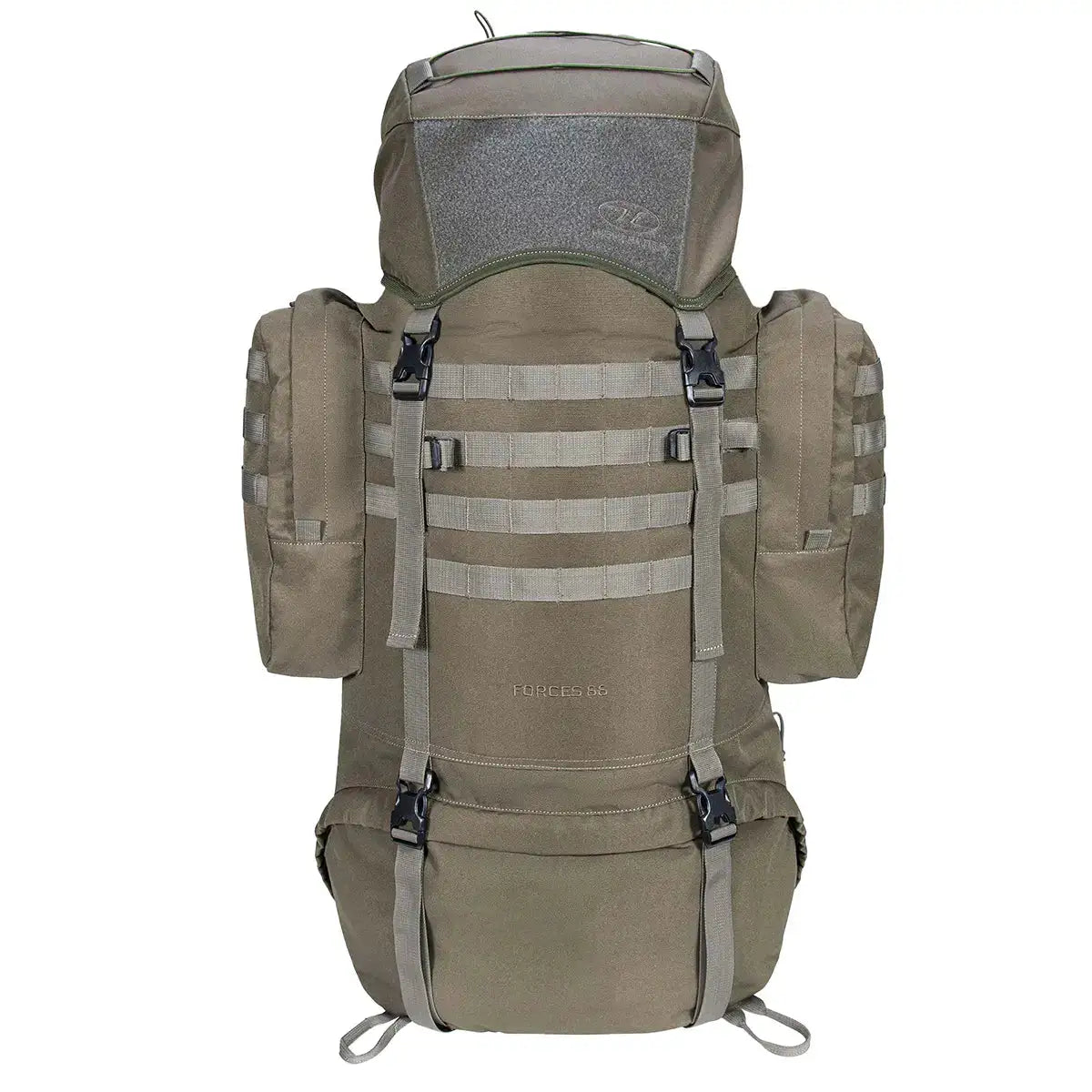 Highlander Forces Elite 66 Litre Rucksack in olive green with MOLLE webbing and dual side pouches, ideal for tactical and outdoor use. Ranger Green from  John Bull Clothing 
