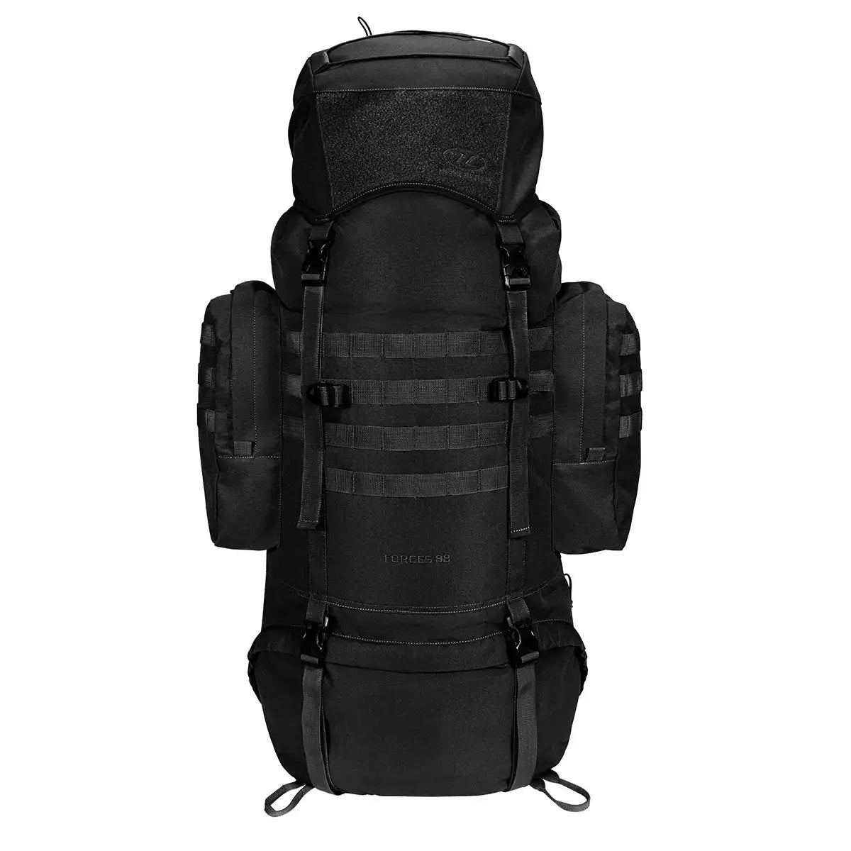 Highlander Forces Elite 88 Litre Bergen Pack in black with MOLLE webbing and side pouches, ideal for military and rugged outdoor use. Black from  John Bull Clothing 