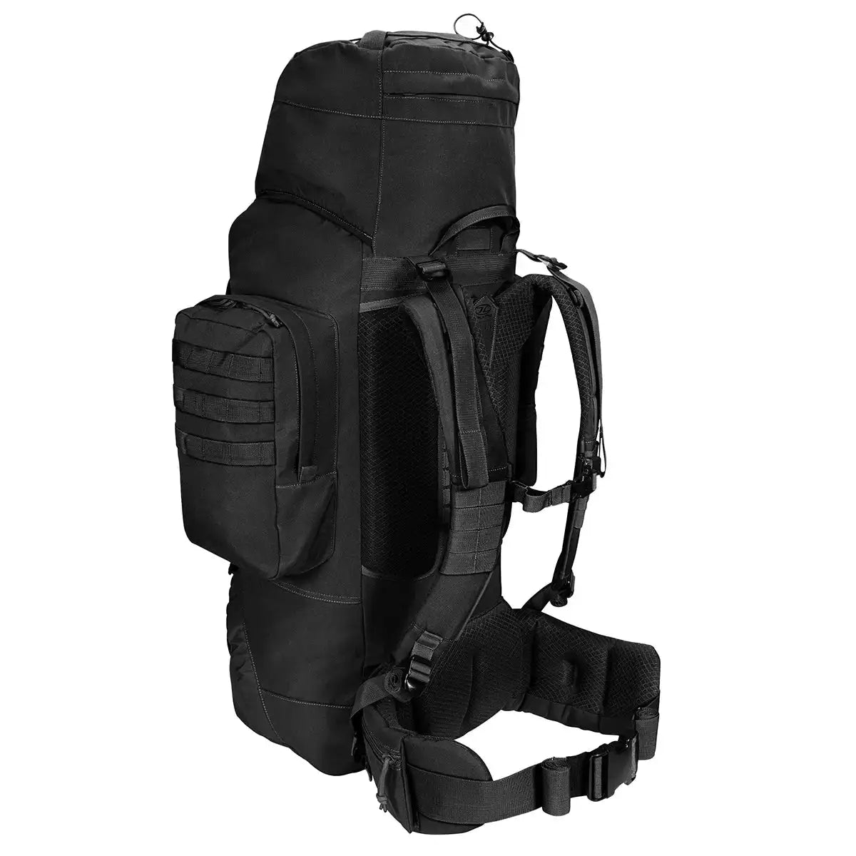 Angled rear view of black Highlander Forces Elite 88L Bergen Pack showing padded straps and reinforced back panel for heavy loads.  from  John Bull Clothing 