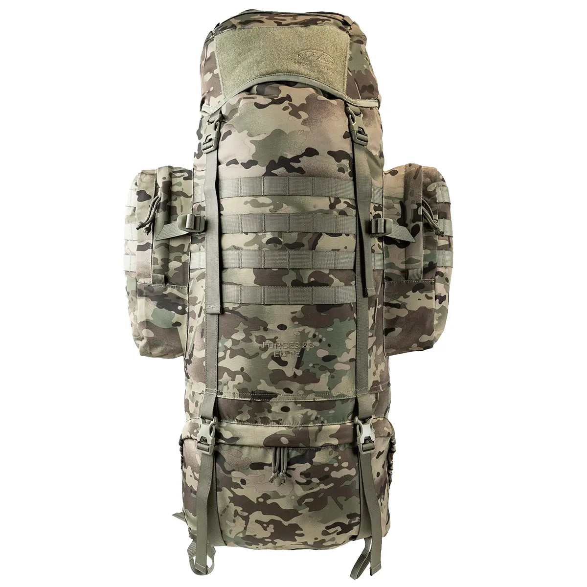 Camouflage Highlander Forces Elite 88L Bergen Pack with tactical MOLLE system, designed for extended outdoor and military expeditions.