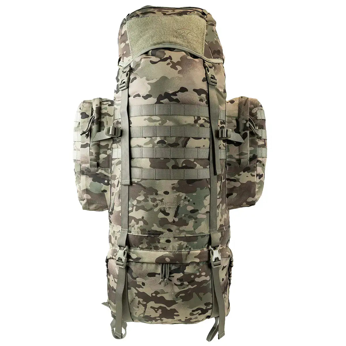 Camouflage Highlander Forces Elite 88L Bergen Pack with tactical MOLLE system, designed for extended outdoor and military expeditions. HMTC from  John Bull Clothing 
