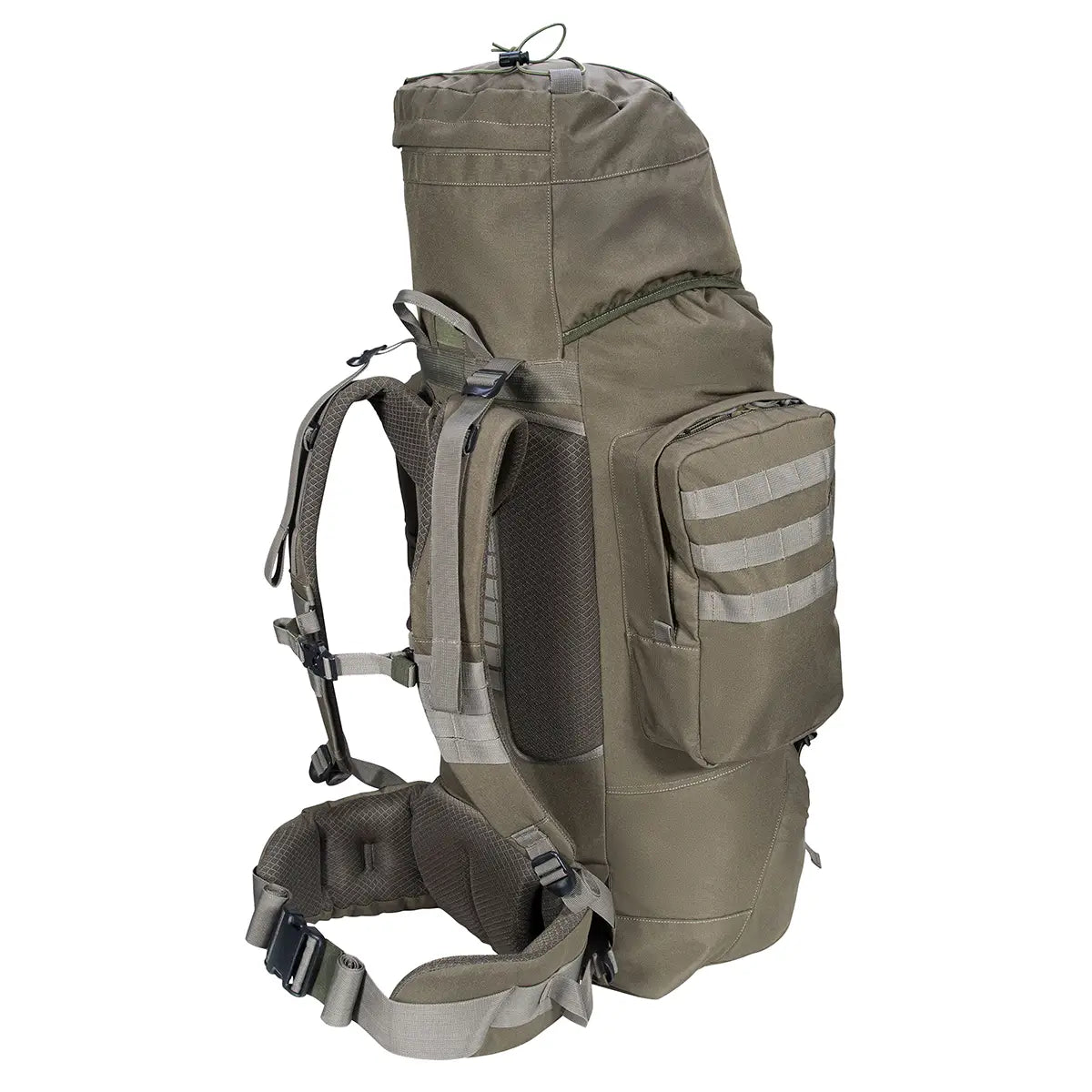 Side profile of Highlander Forces Elite 88L Pack in khaki, highlighting padded shoulder straps and MOLLE-compatible side pocket.