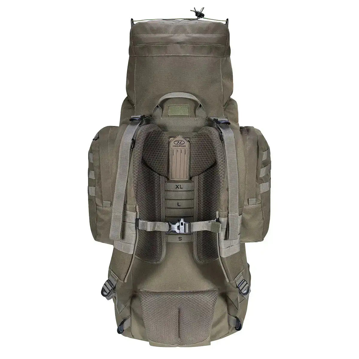 Rear view of Highlander Forces Elite 88L Bergen Pack showing adjustable padded straps and back support system for long treks.  from  John Bull Clothing   from  John Bull Clothing 