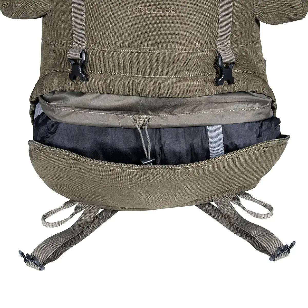 Bottom compartment of Highlander Forces Elite 88L Pack unzipped, showing internal storage space for sleeping bags or bulky items.  from  John Bull Clothing 