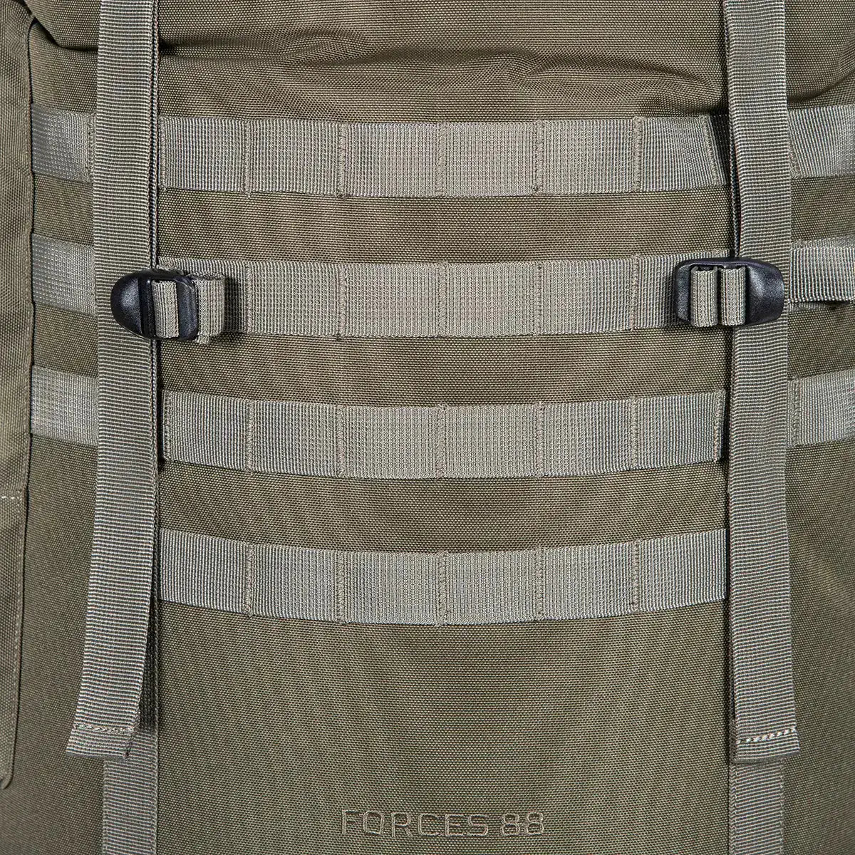 Close-up of MOLLE webbing on Highlander Forces Elite 88L Bergen Pack, allowing modular attachment of tactical gear and accessories.  from  John Bull Clothing   from  John Bull Clothing 